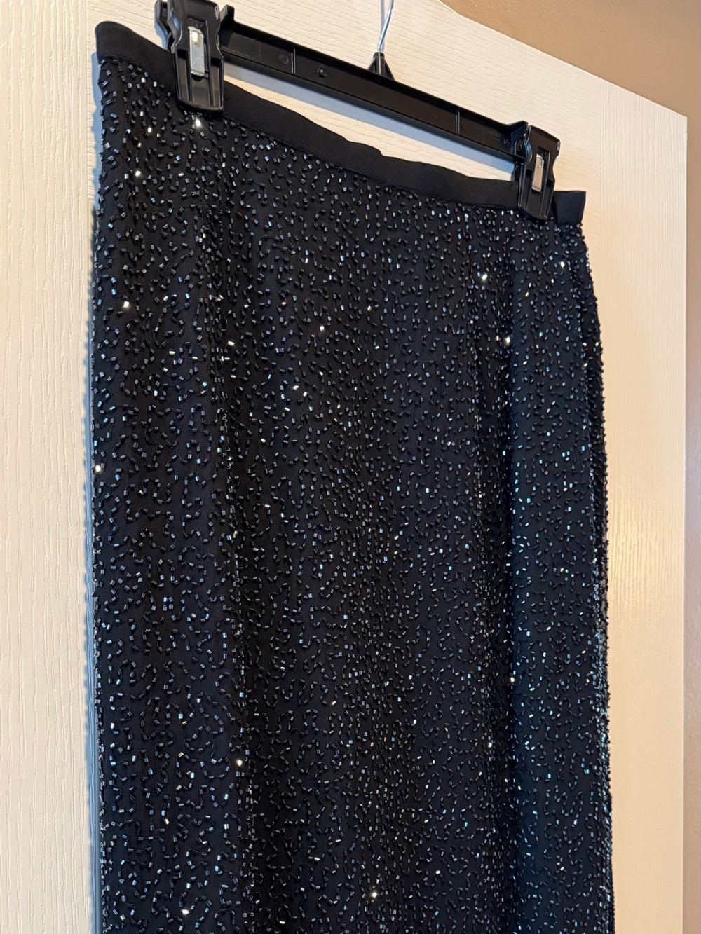 Elegant Black Silk Sparkle Long Maxi Skirt with Side Slit Beaded Evening Vintage
